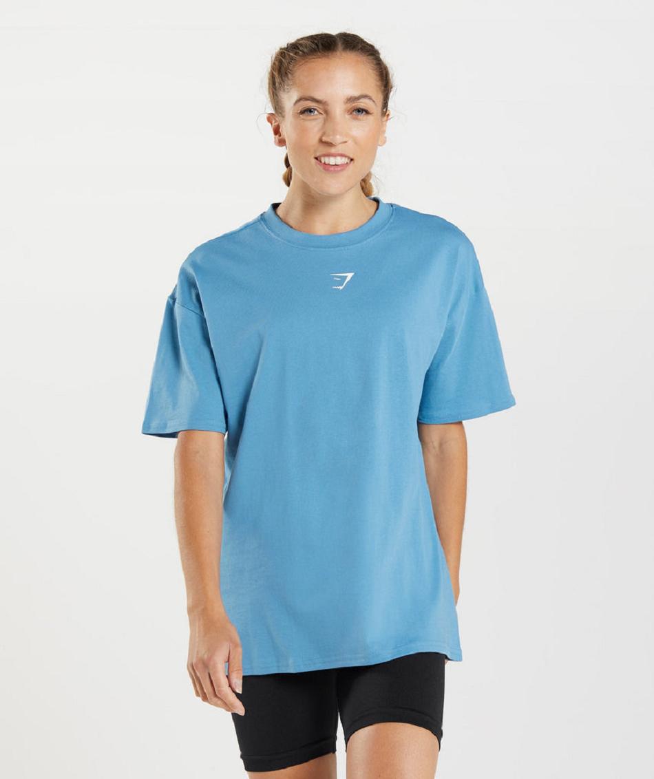 T Shirts Damskie Gymshark Fraction Oversized Niebieskie | PL 3021PJJ